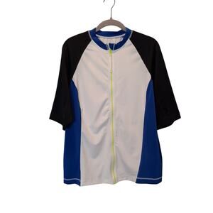 Lands End Sz XL 18 White Blue Full Zip Up Rash Guard UPF Swim Top Short Sleeve